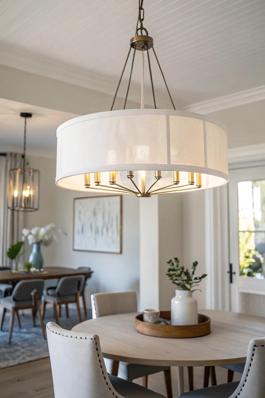 A modern minimalist chandelier enhances a small dining room's sleek aesthetic.