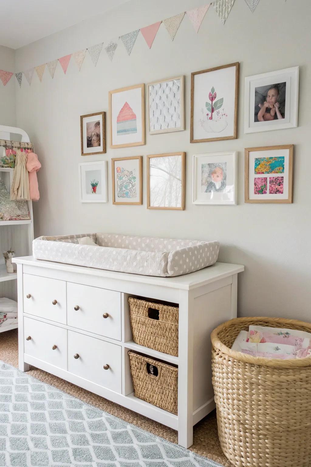 A mini art display adds a personal touch above the changing table.