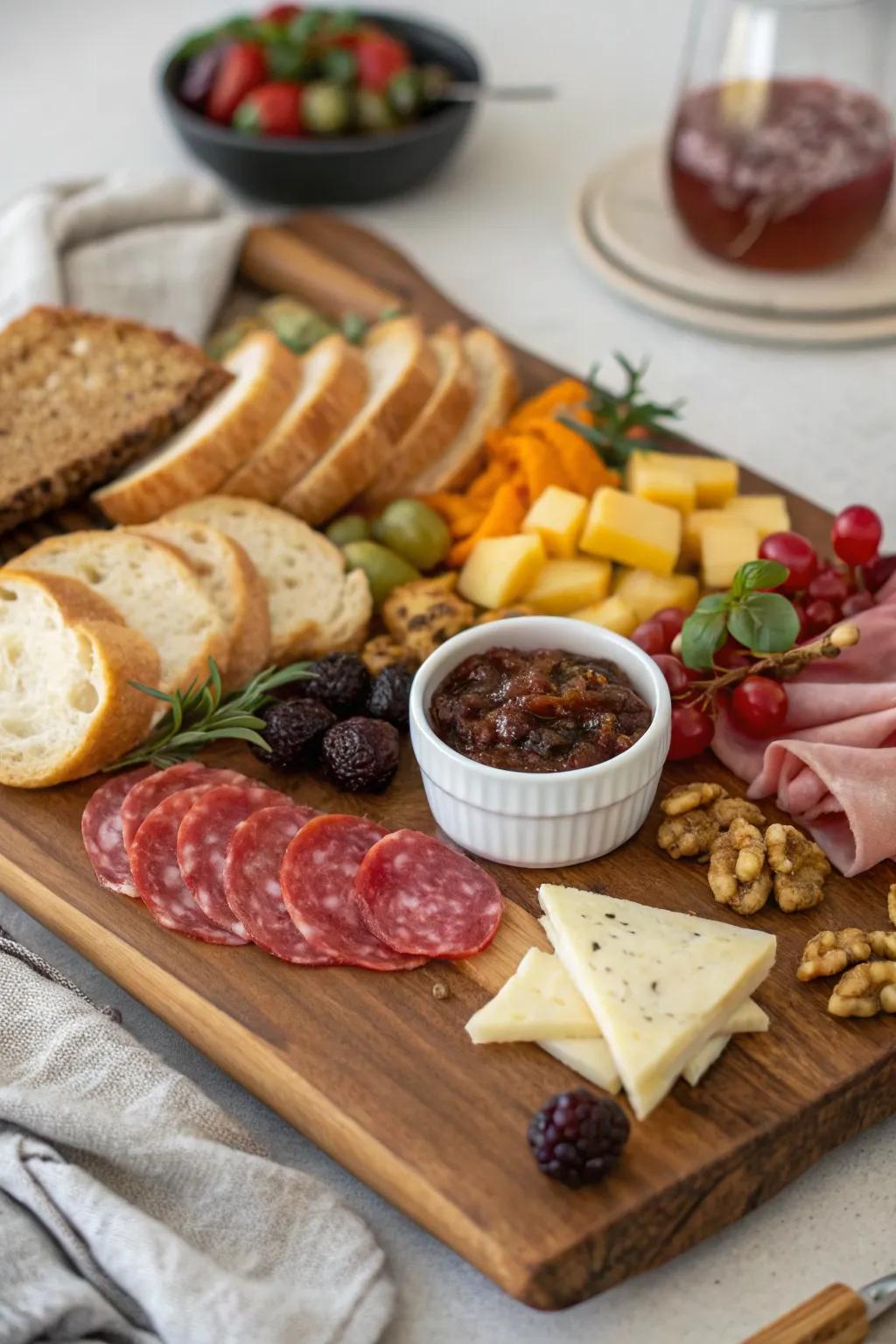 Rustic feel with handcrafted loaves and preserves.