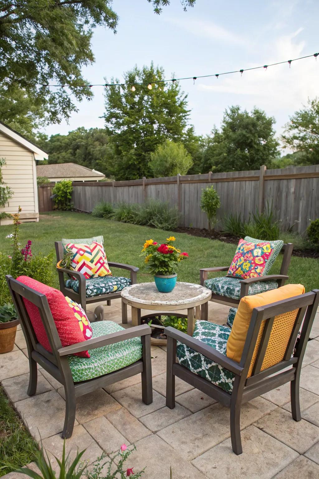 A cozy seating nook made from repurposed furniture and colorful cushions.