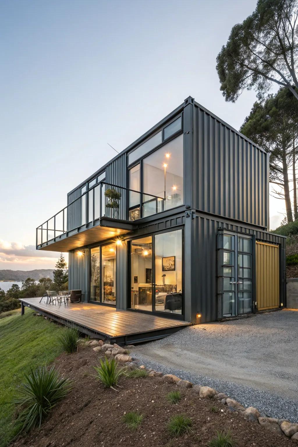 Elegant cargo box home with a modern industrial aesthetic.