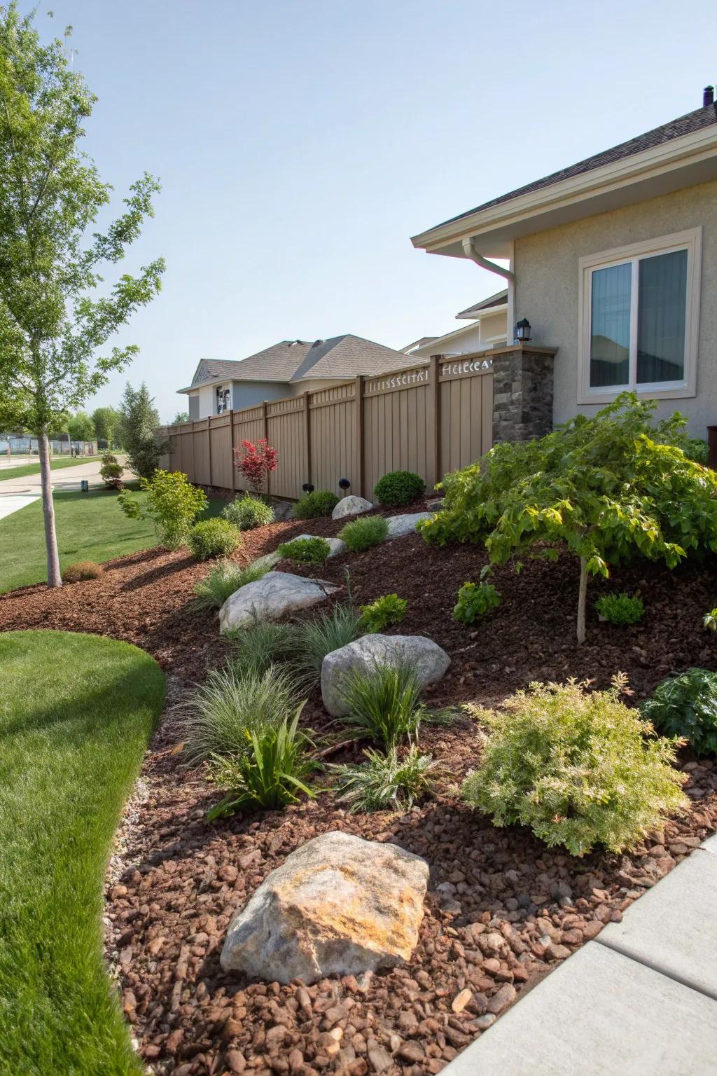 Mulch and stones provide a natural and straightforward landscape solution.