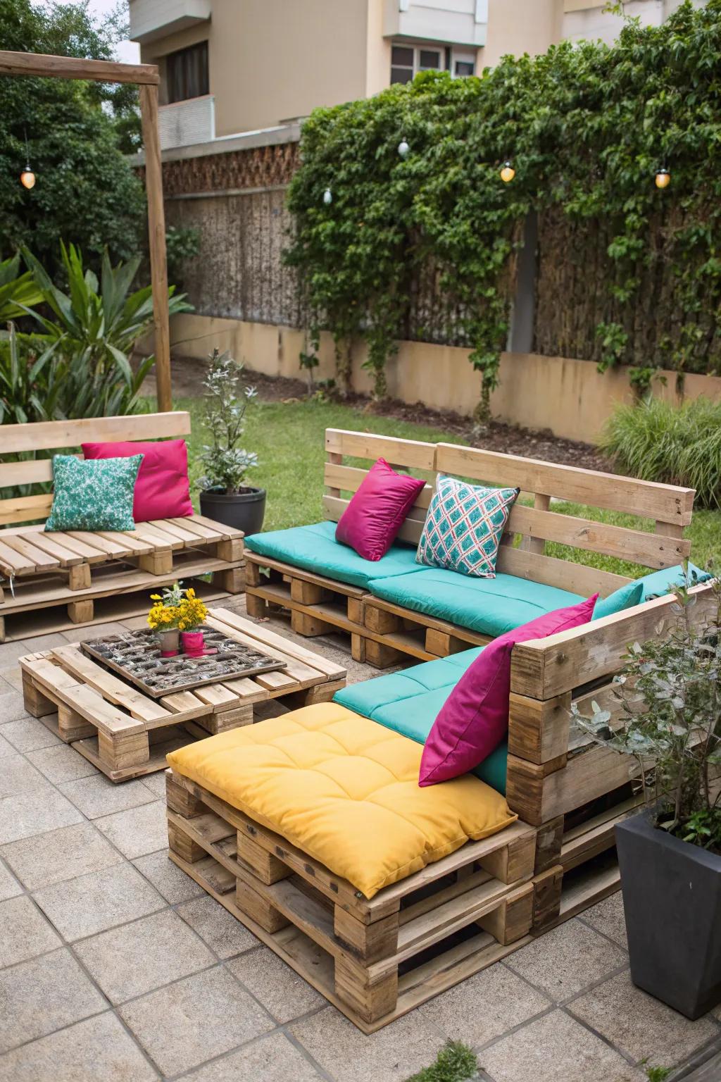 Repurposed pallets easily transform into stylish seating.