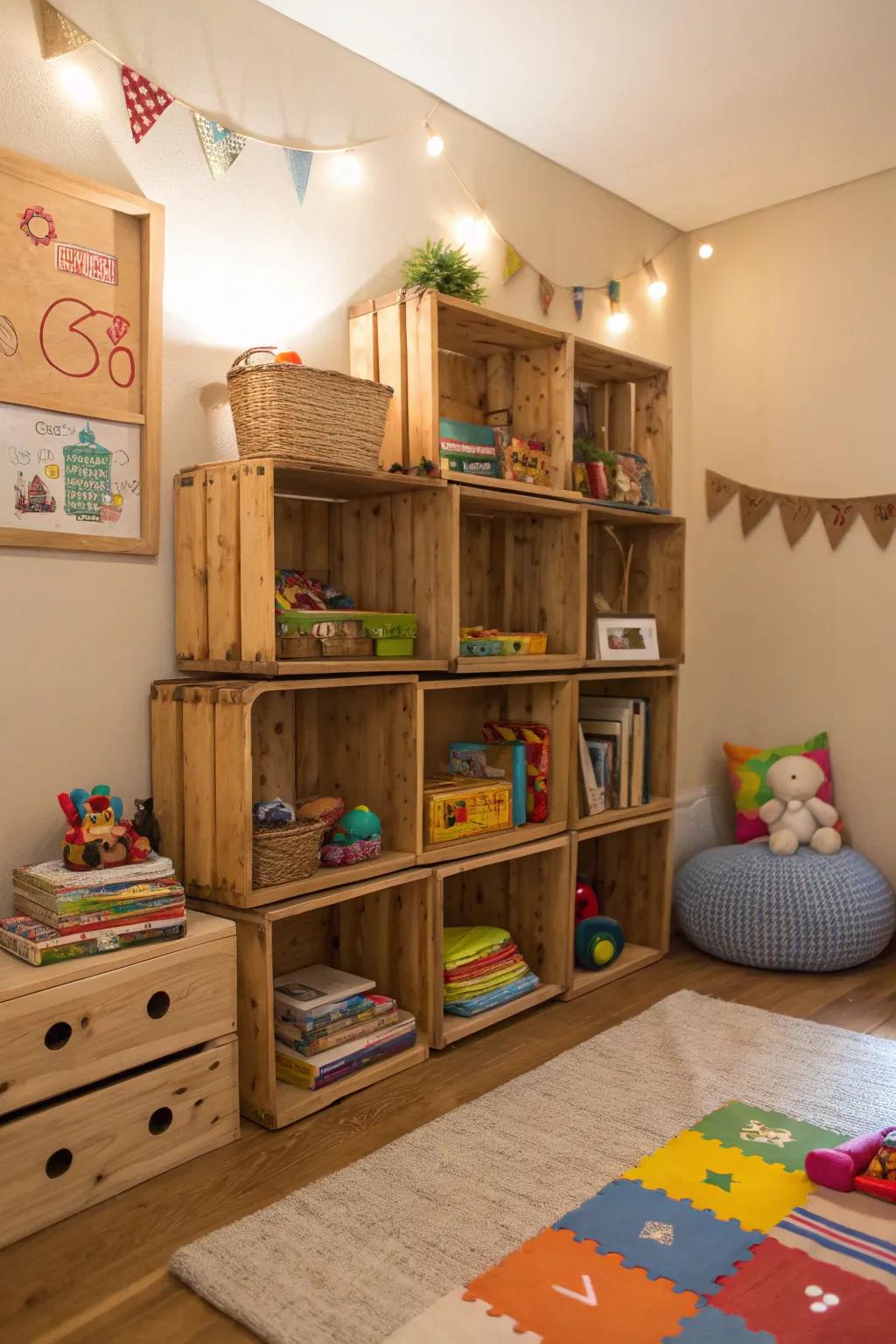 Handmade racks from boxes add appeal and storage.