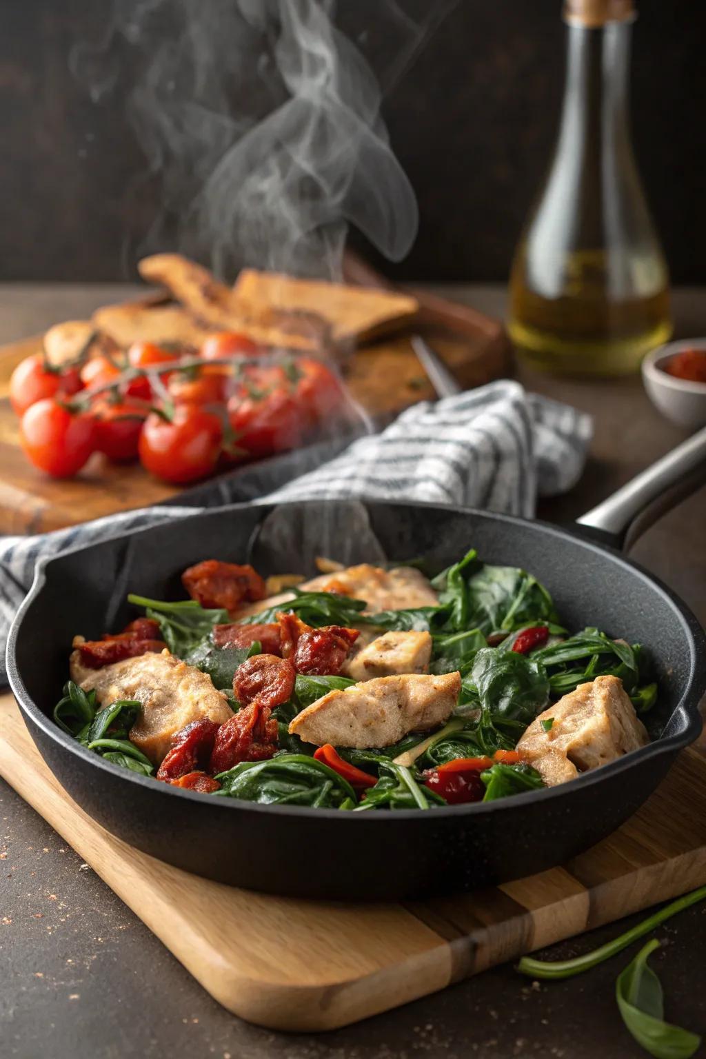 All-in-one poultry, greens, and sun-kissed tomatoes for an easy meal.