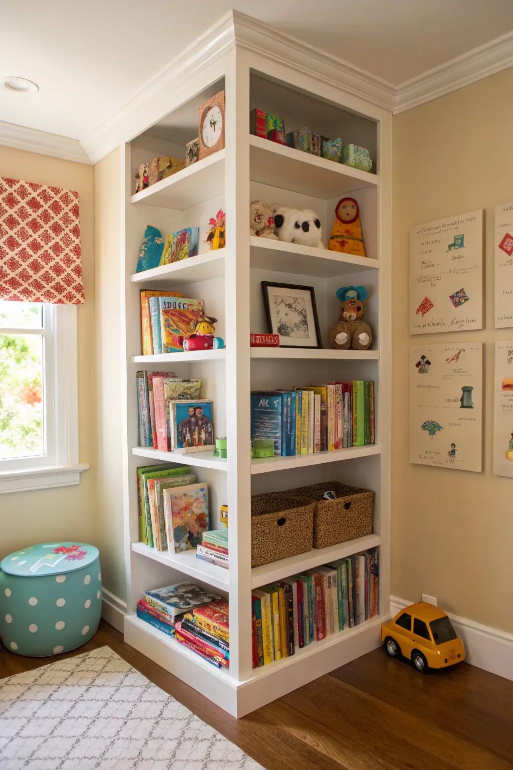 Corner wall shelves make use of every inch of space.