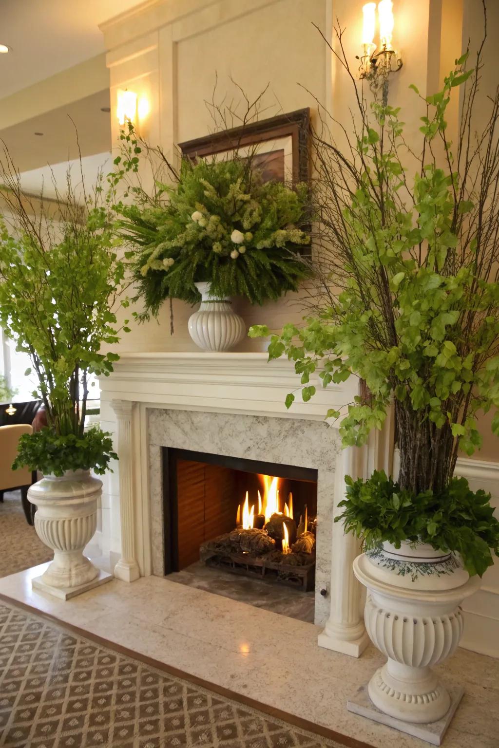 Greenery positioned around the fireplace infuses the space with a breath of natural beauty.