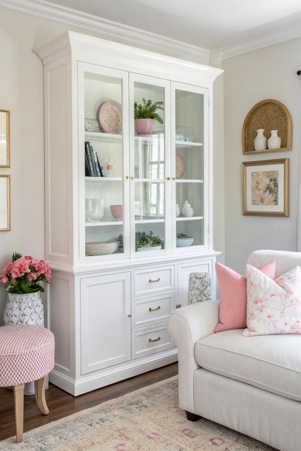 Modern white display case inside a light and ventilated living room.