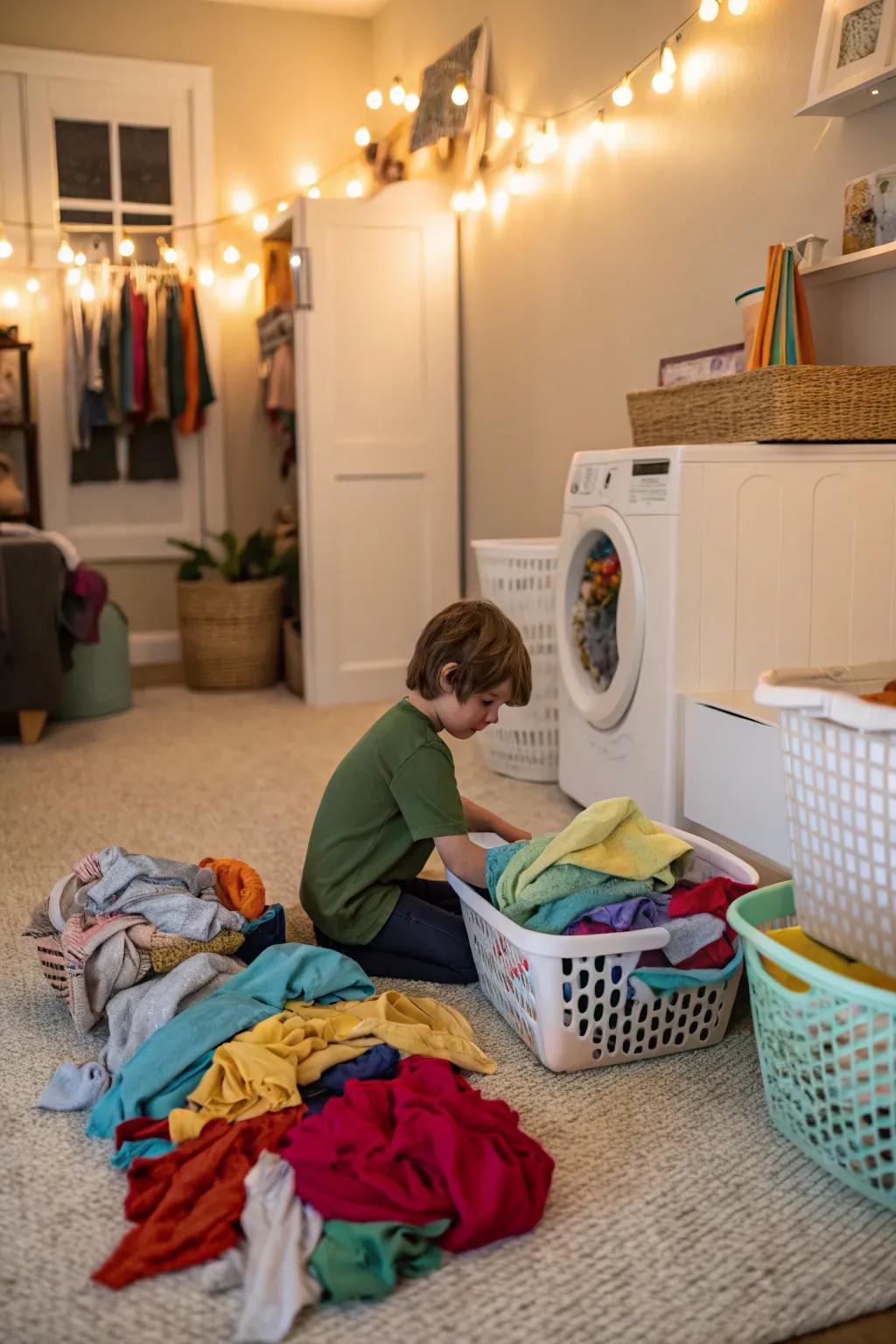 A young child sorts brightly colored clothes into laundry baskets.