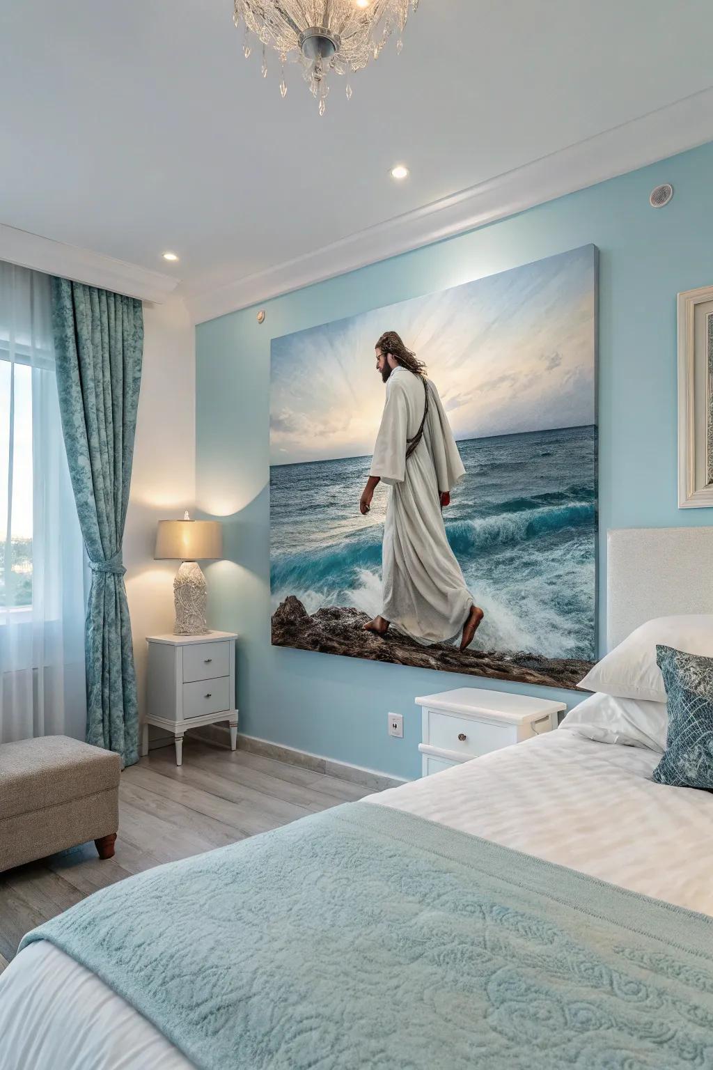 A calming piece of art depicting Jesus walking on water for a tranquil bedroom.