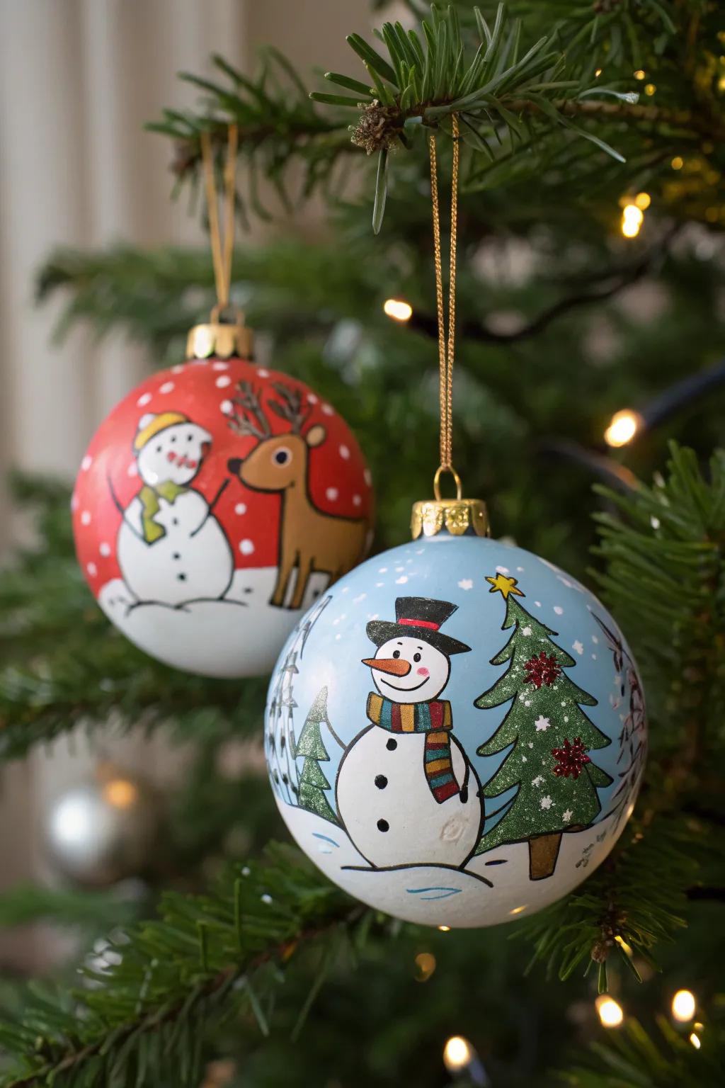Hand-painted spheres with holiday figures give charm to your decor.