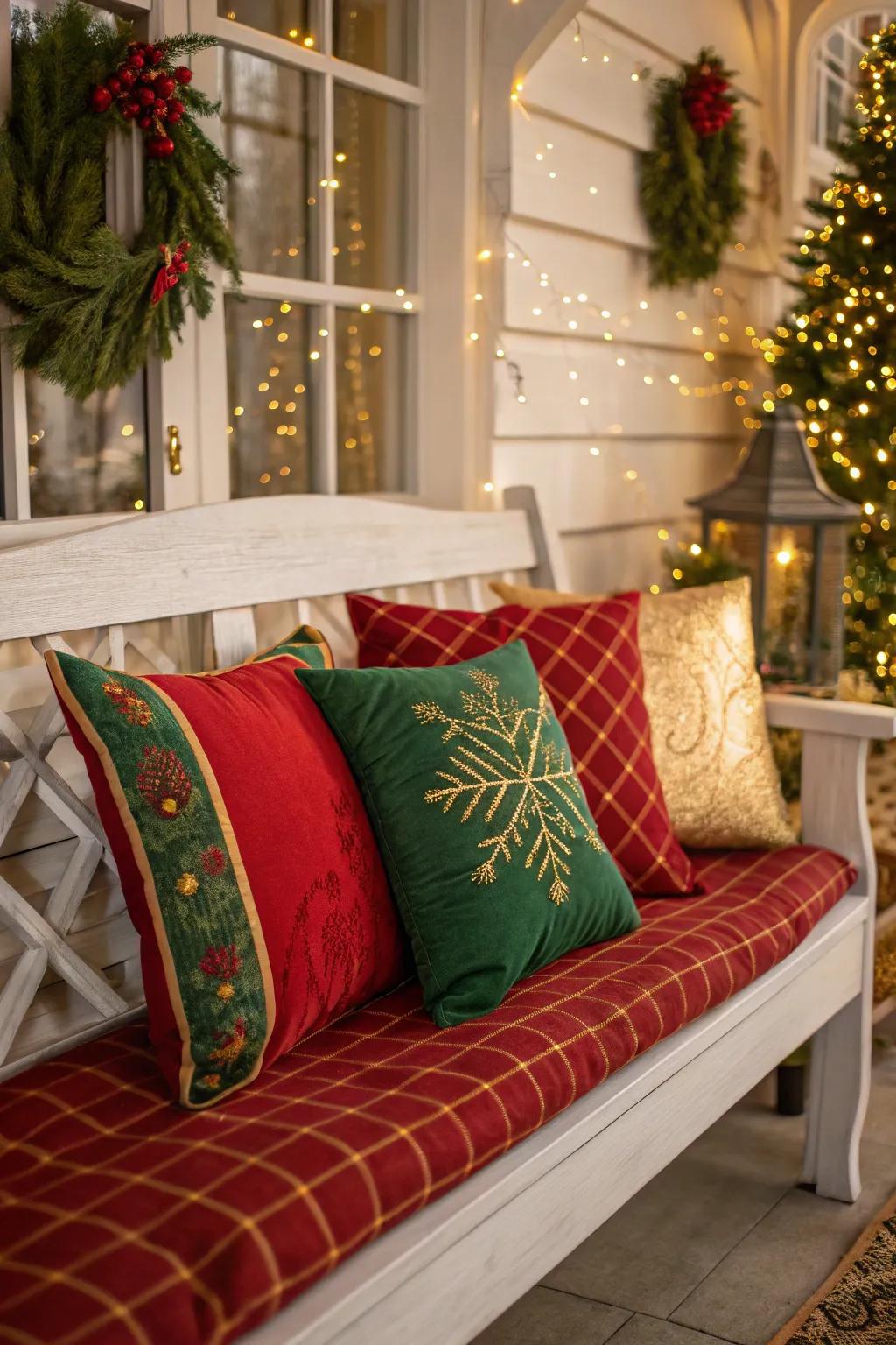 Holiday pillows contribute color and cheer to any bench.