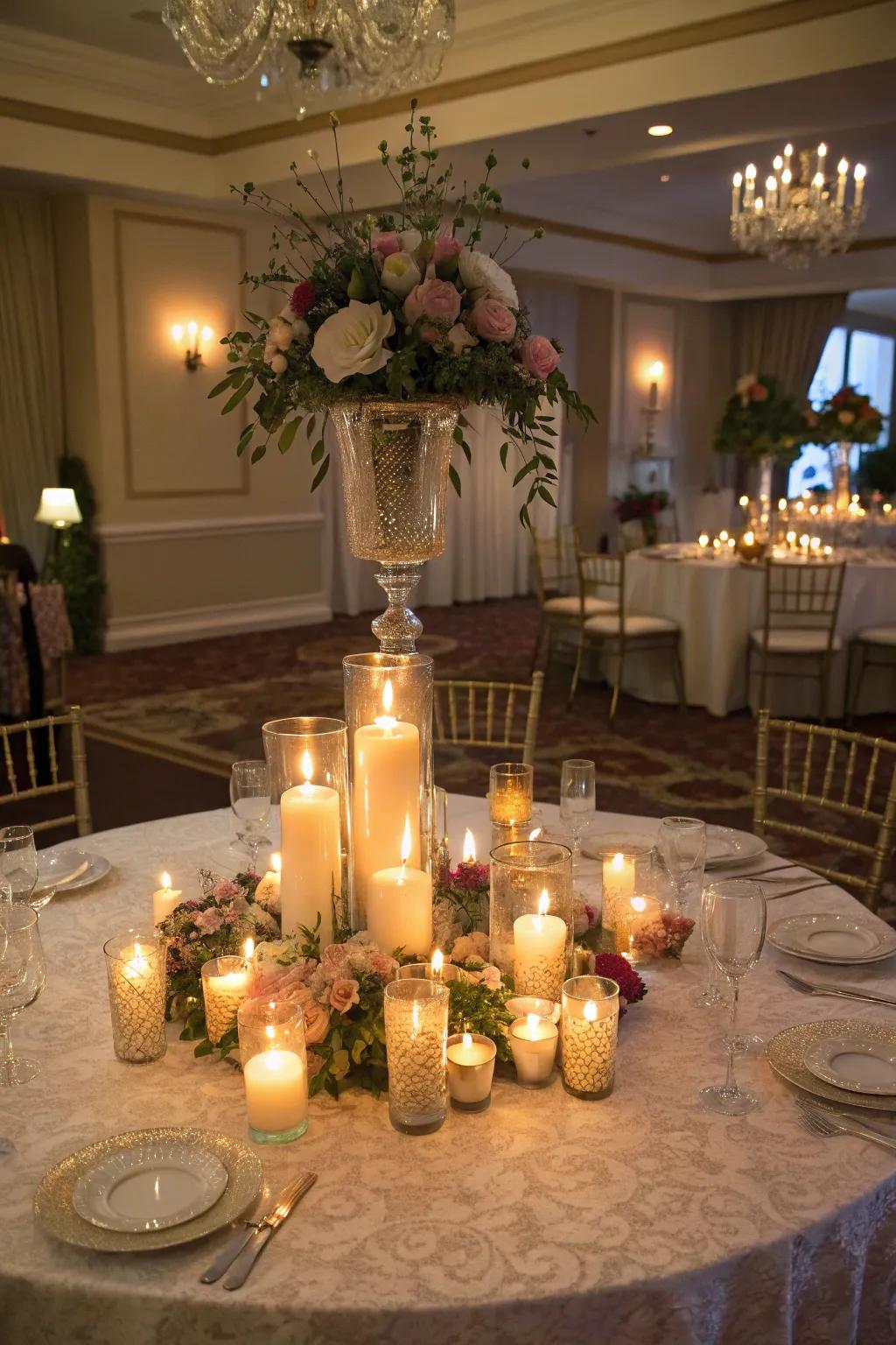 Assorted candle heights introduce warmth and allure.