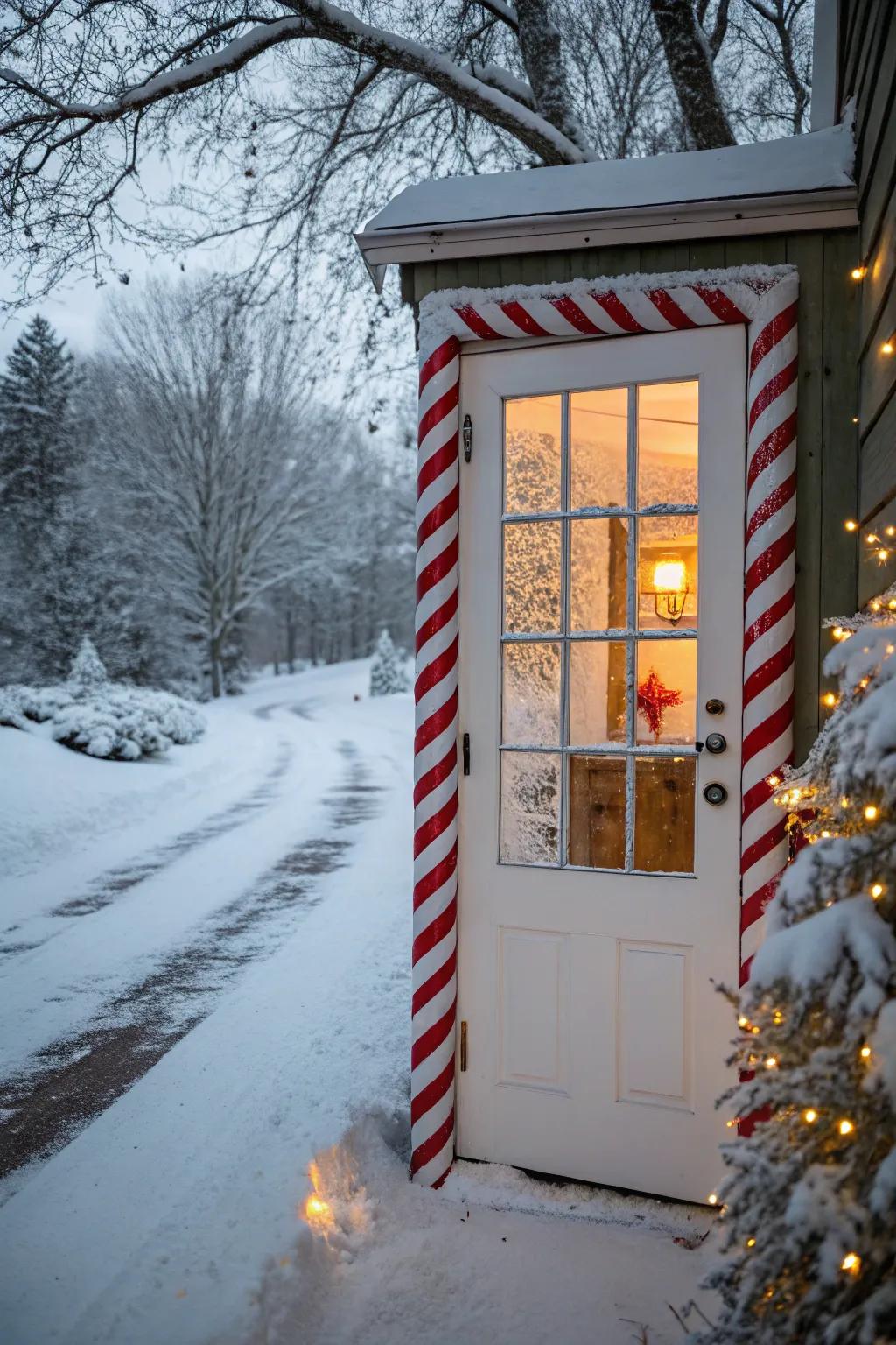 Candy cane stripes give this festive door a whimsical touch.