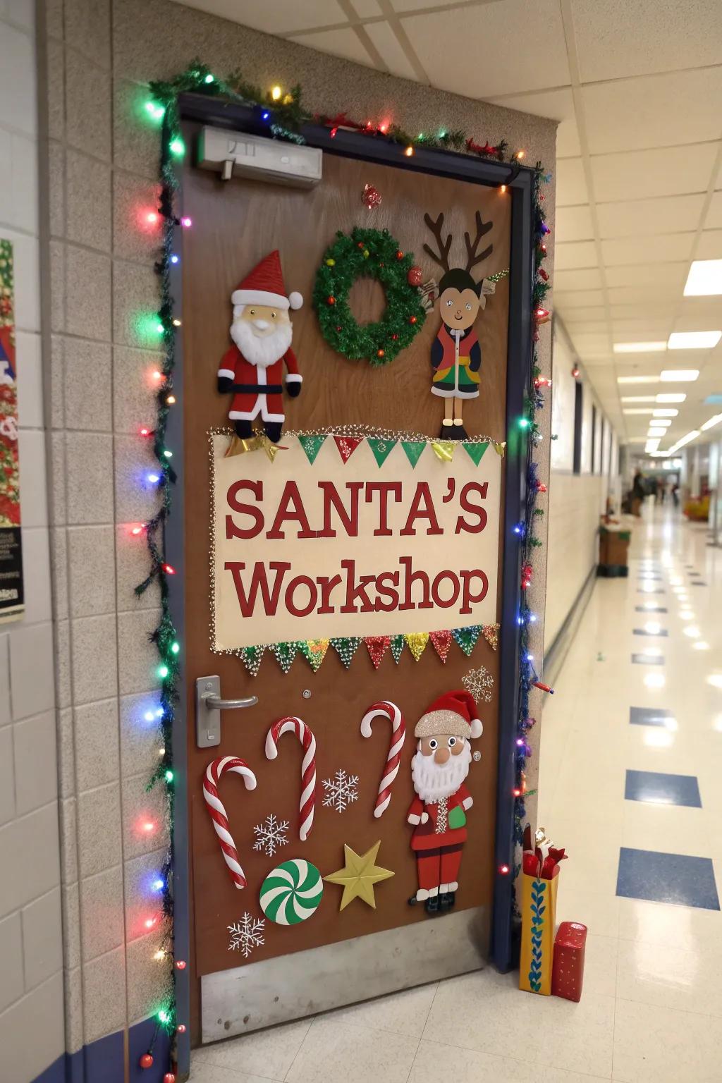 Santa's workshop bursts to life on this celebratory school door.