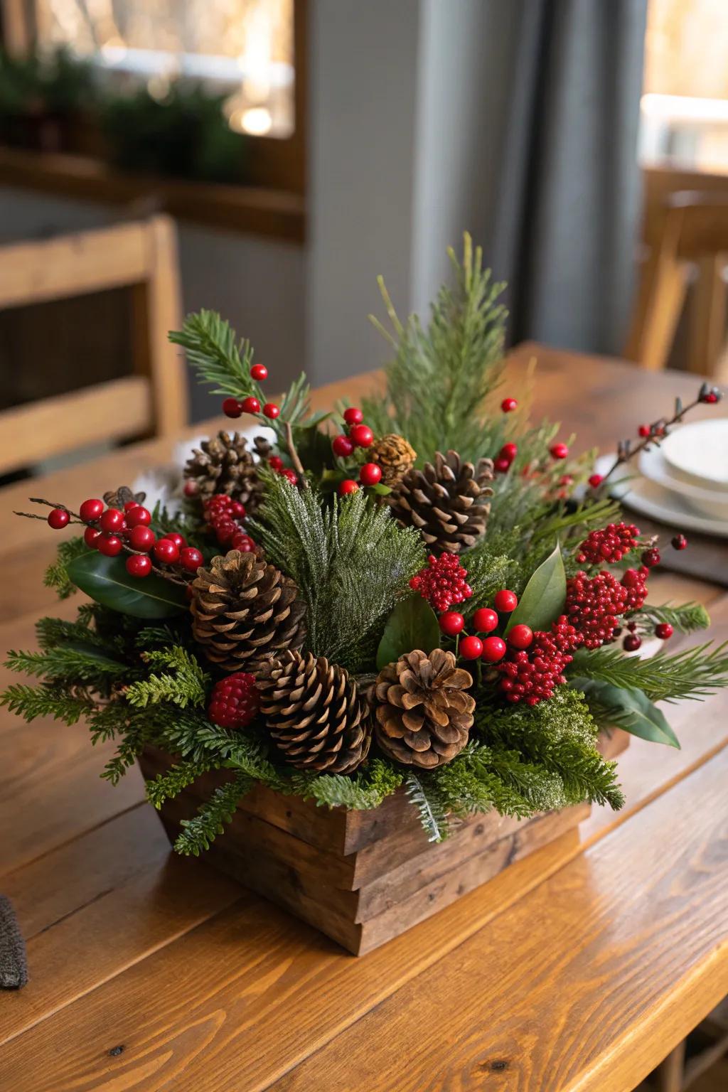 Homespun allure with fir cones and fruit.