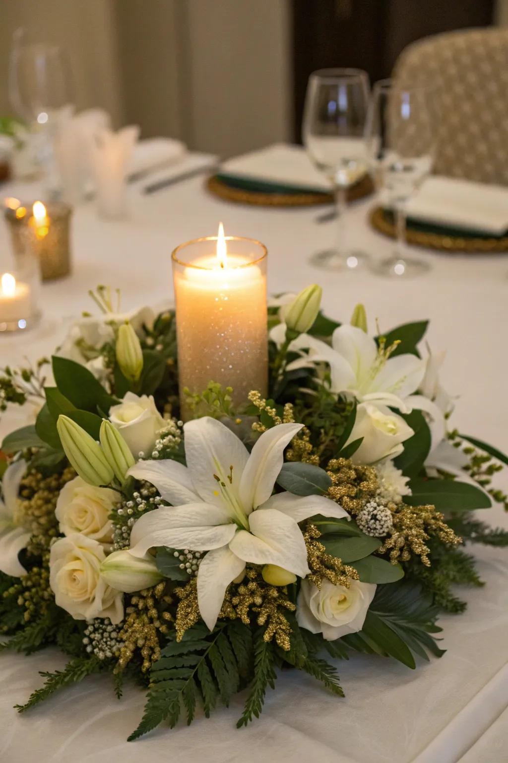 A snowdrop and gold circle is the perfect Christmas centerpiece.