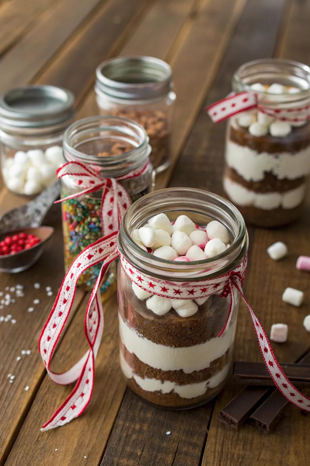 Charming gift jars filled with homemade cocoa mix
