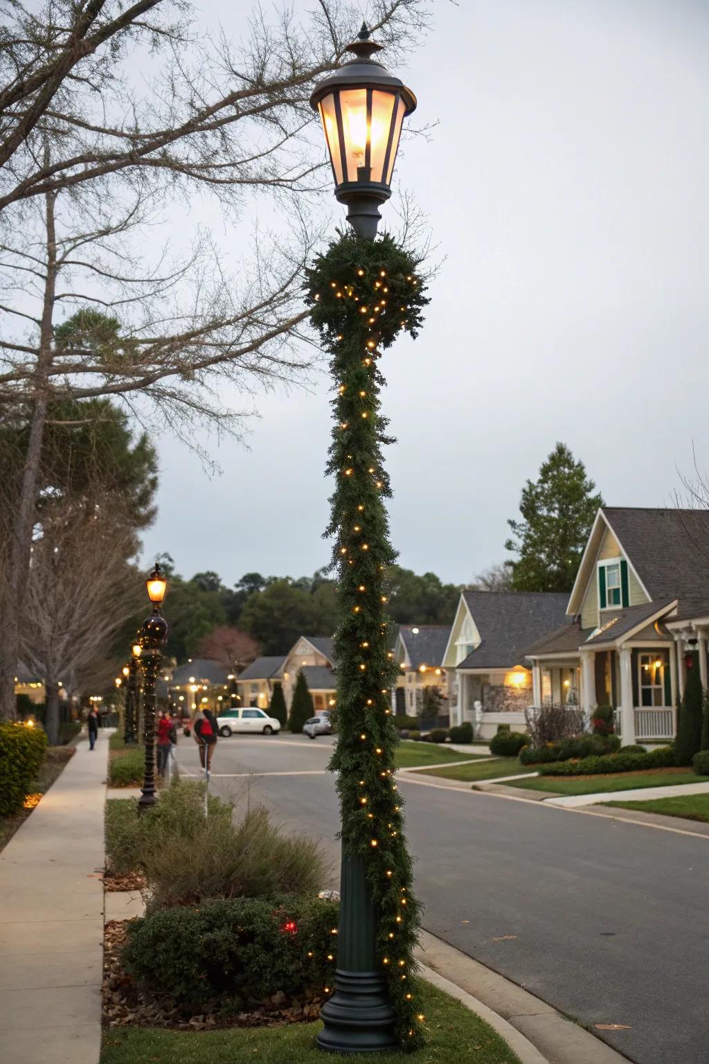 A lamp post ornamented with abundant garlands and radiant lights.