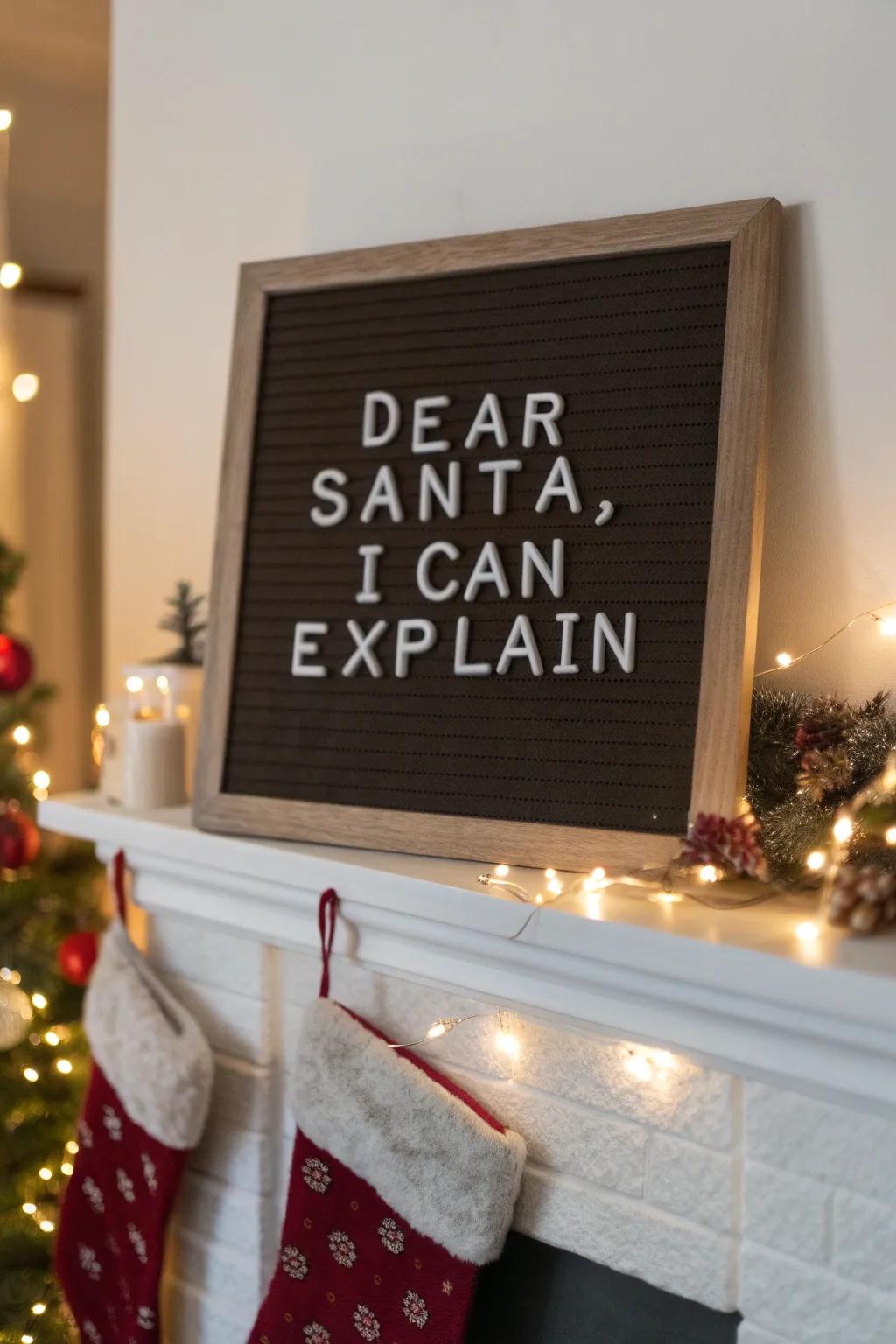 A humorous message board about having to explain to Santa, perfect for a light-hearted touch.