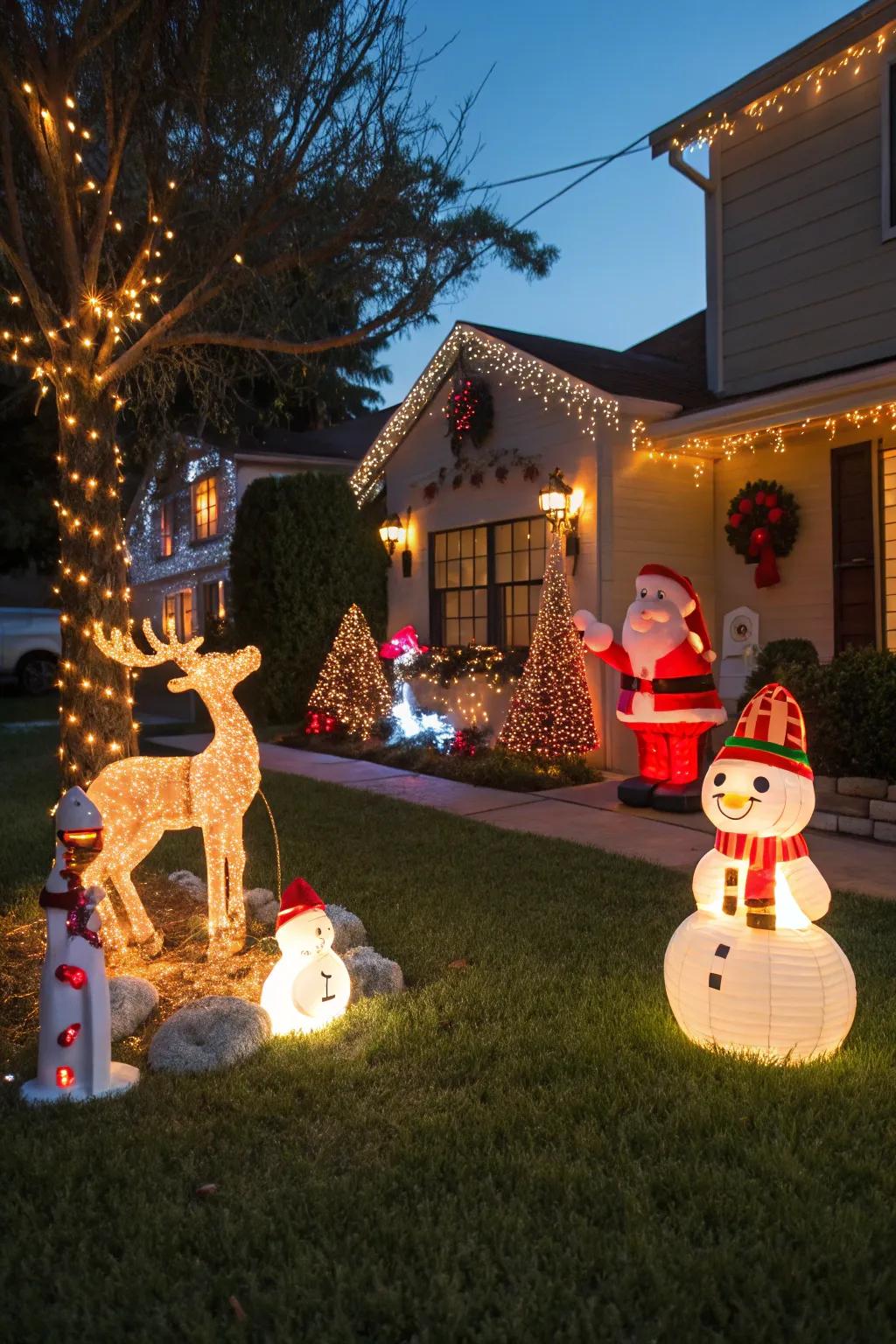 A front lawn decorated with captivating holiday light arrangements.