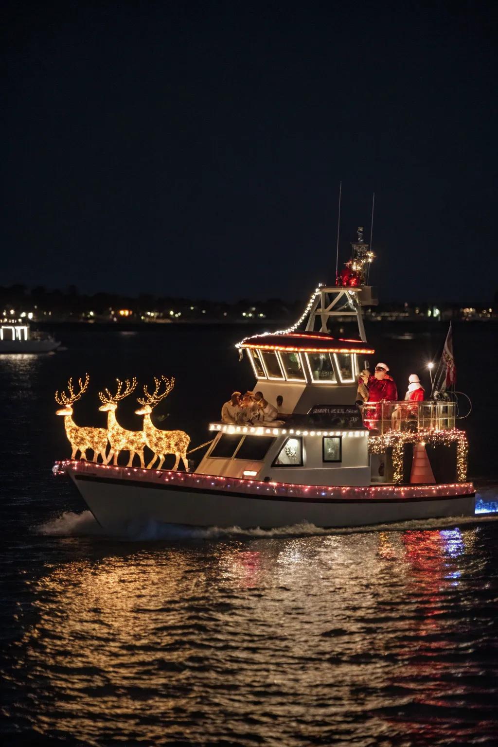 A boat ingeniously transformed into Santa's sleigh, leading the parade with flair.