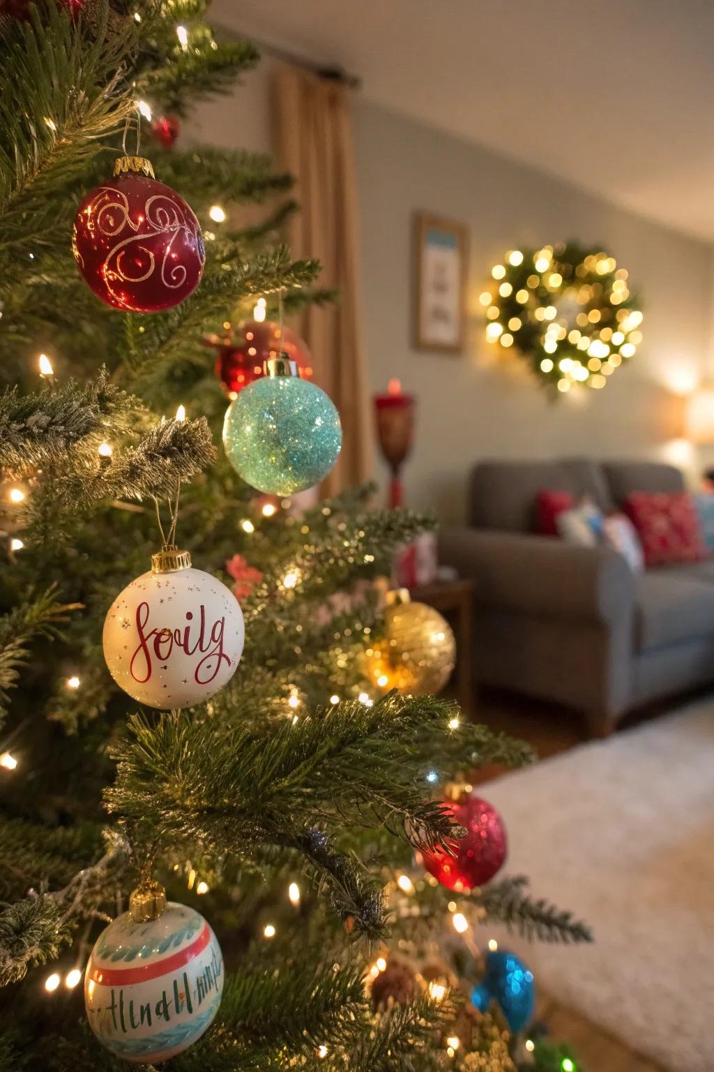 Christmas baubles displaying handwritten names hanging on a tree.