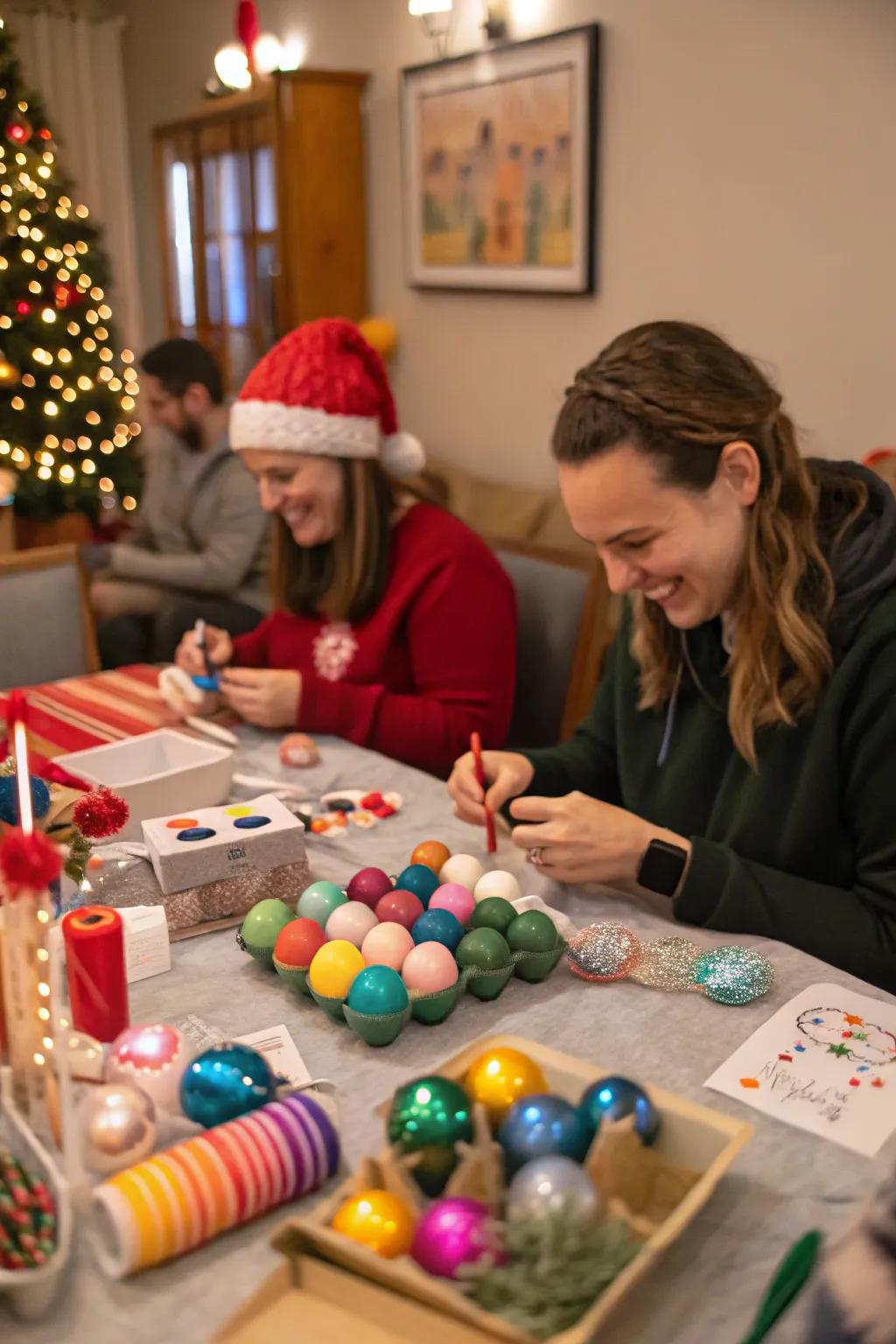 A lively DIY ornament station set up for holiday creativity.