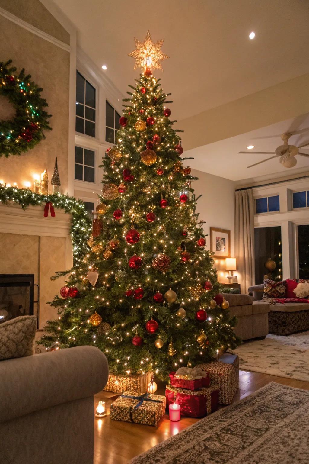 An exquisitely decorated Christmas tree that stands as the focal point of the holiday decor.