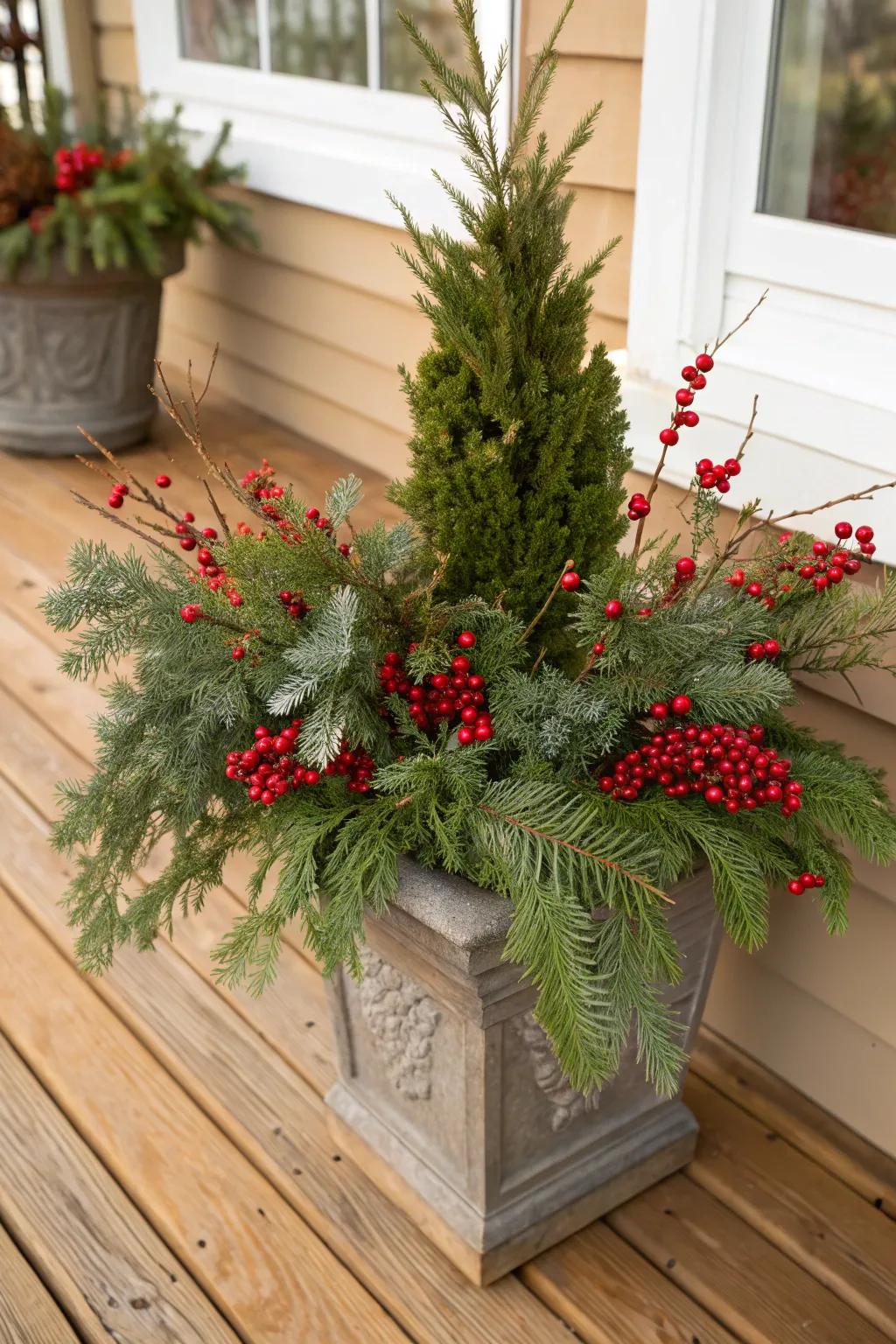 Crimson fruit lends a quintessential holiday accent to your container gardens.