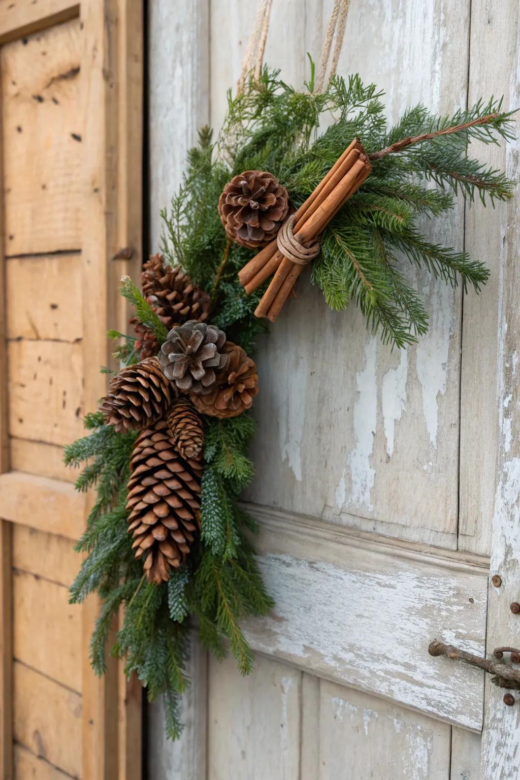 Earthy charm using pine cones and cinnamon sticks.