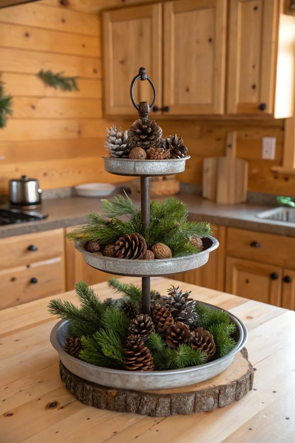 Elegantly rustic display featuring pinecones and greenery.