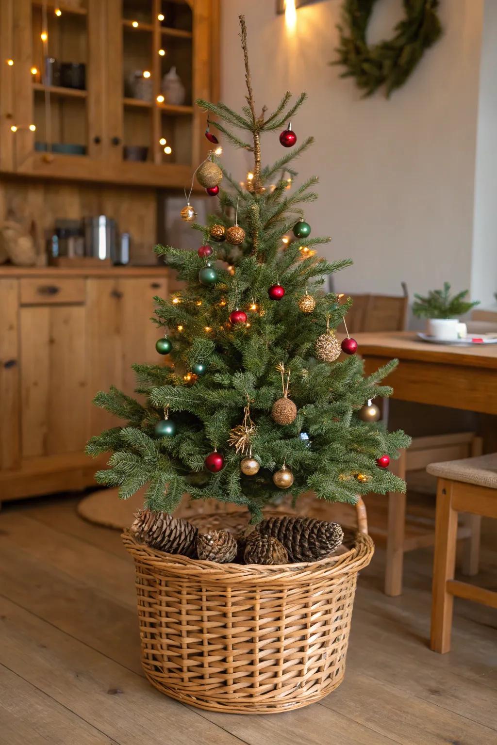 A woven basket infuses a country-style allure to your tree.