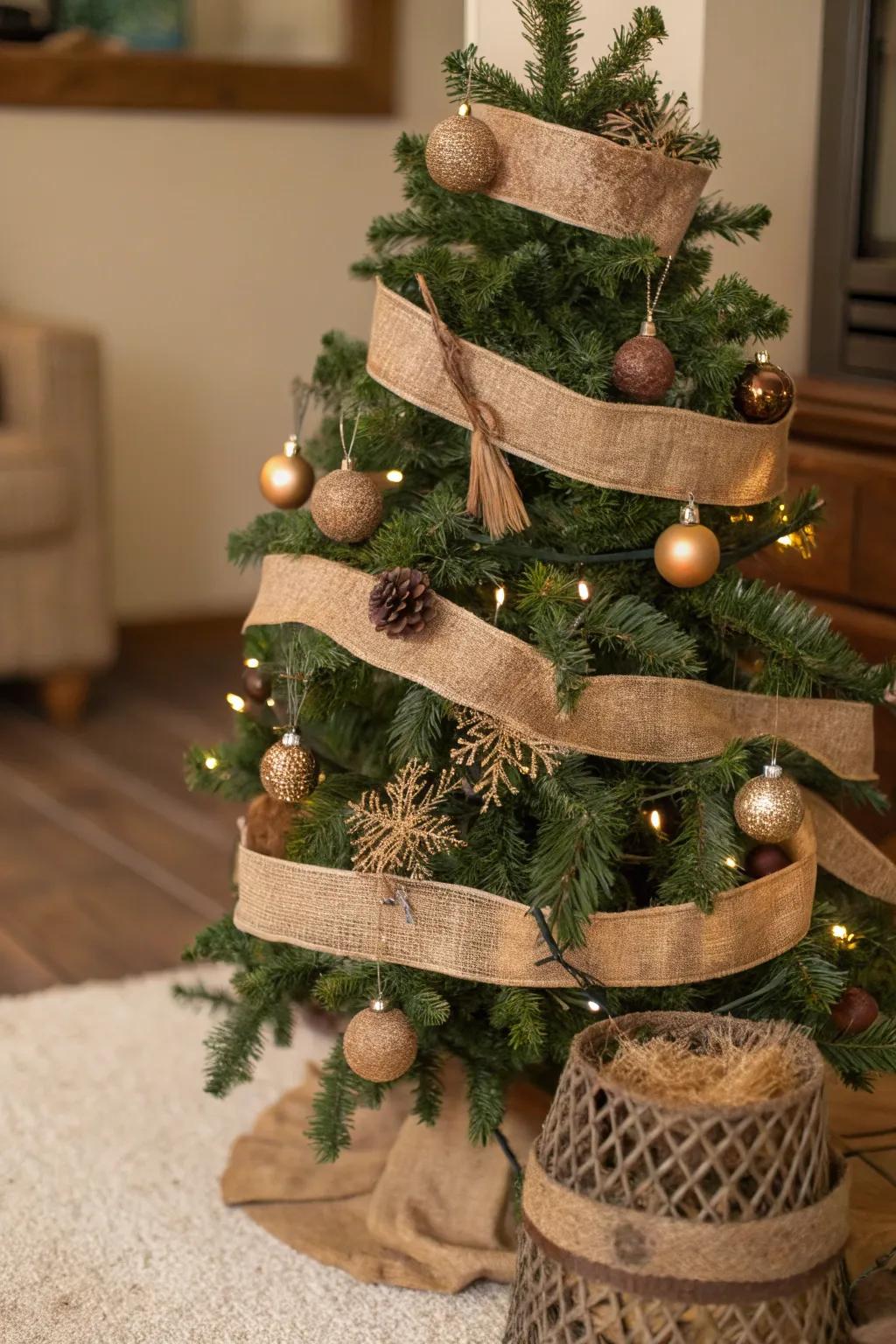 A Christmas tree showcasing hessian ribbons in a horizontal wrap, radiating a countryside charm.