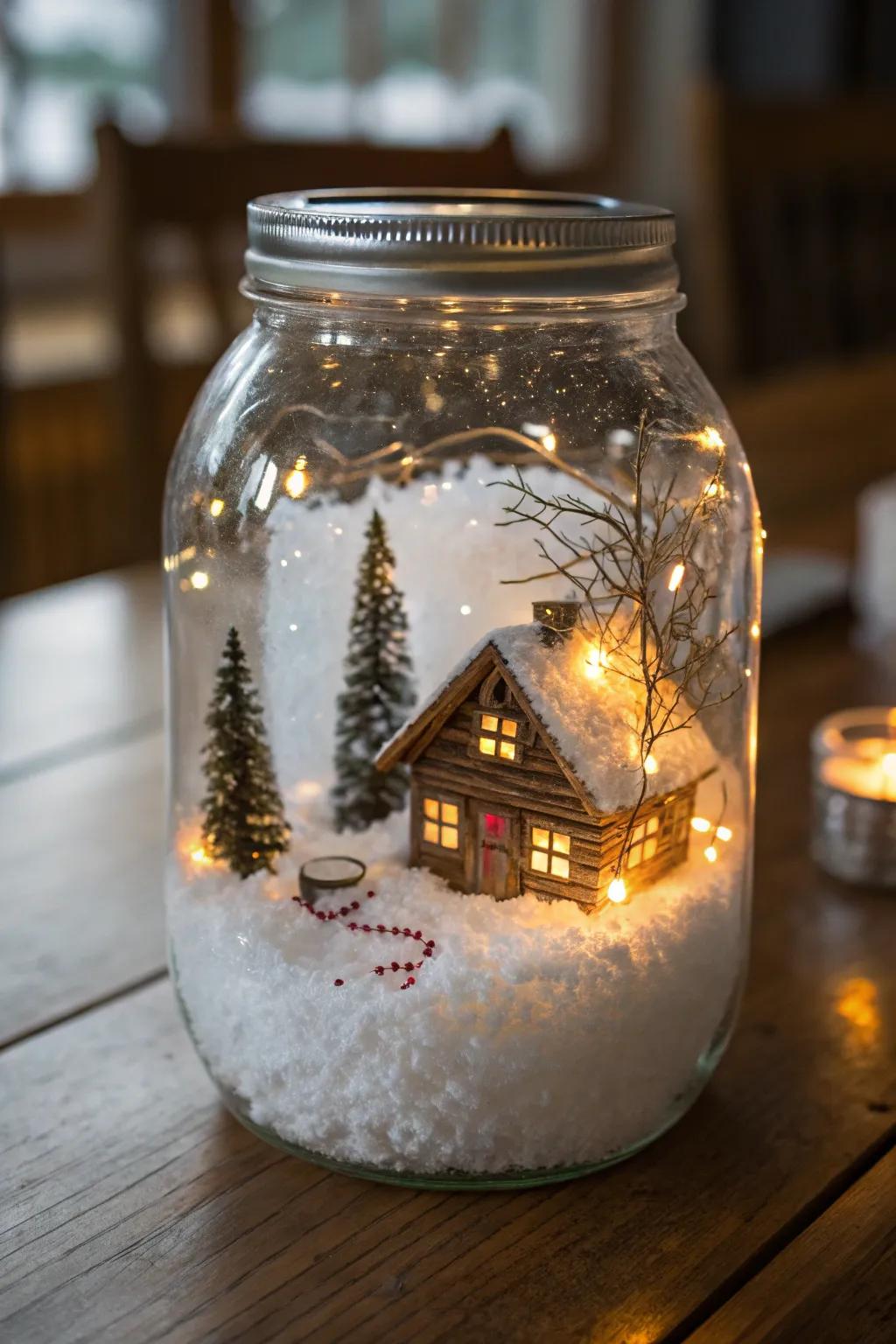A toasty and welcoming bothy scene encapsulated within a jar.