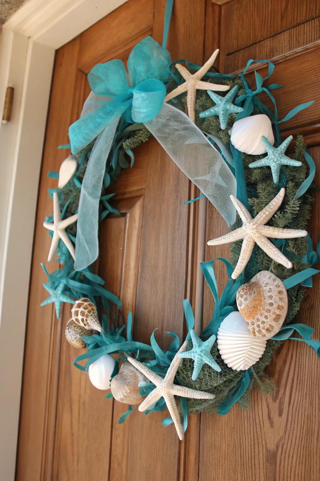 A nautical-themed wreath with starfish and turquoise elements, perfect for coastal homes.