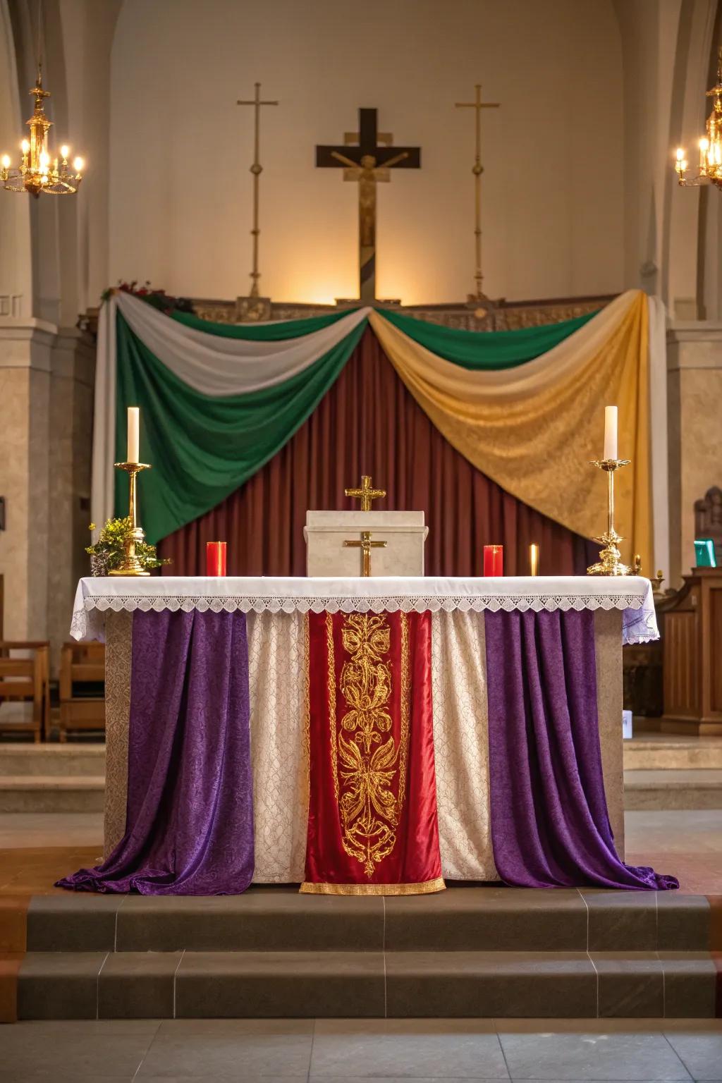 An altar enhanced beautifully with elegantly draped fabric in liturgical colors.
