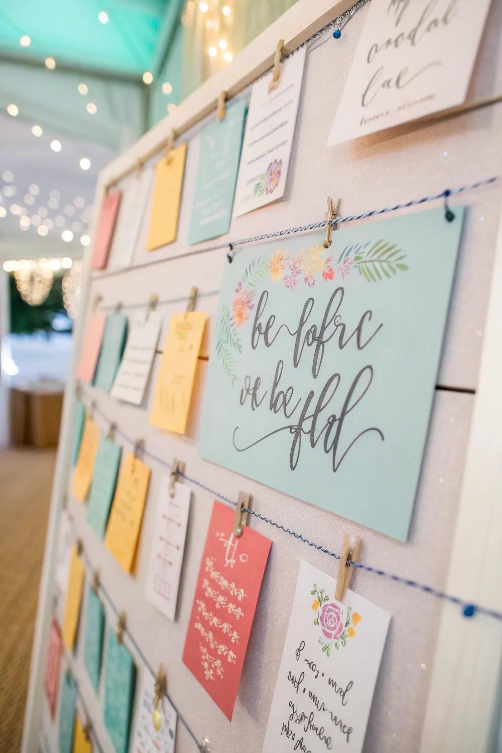 A bulletin board showcasing uplifting quotes in elegant calligraphy.