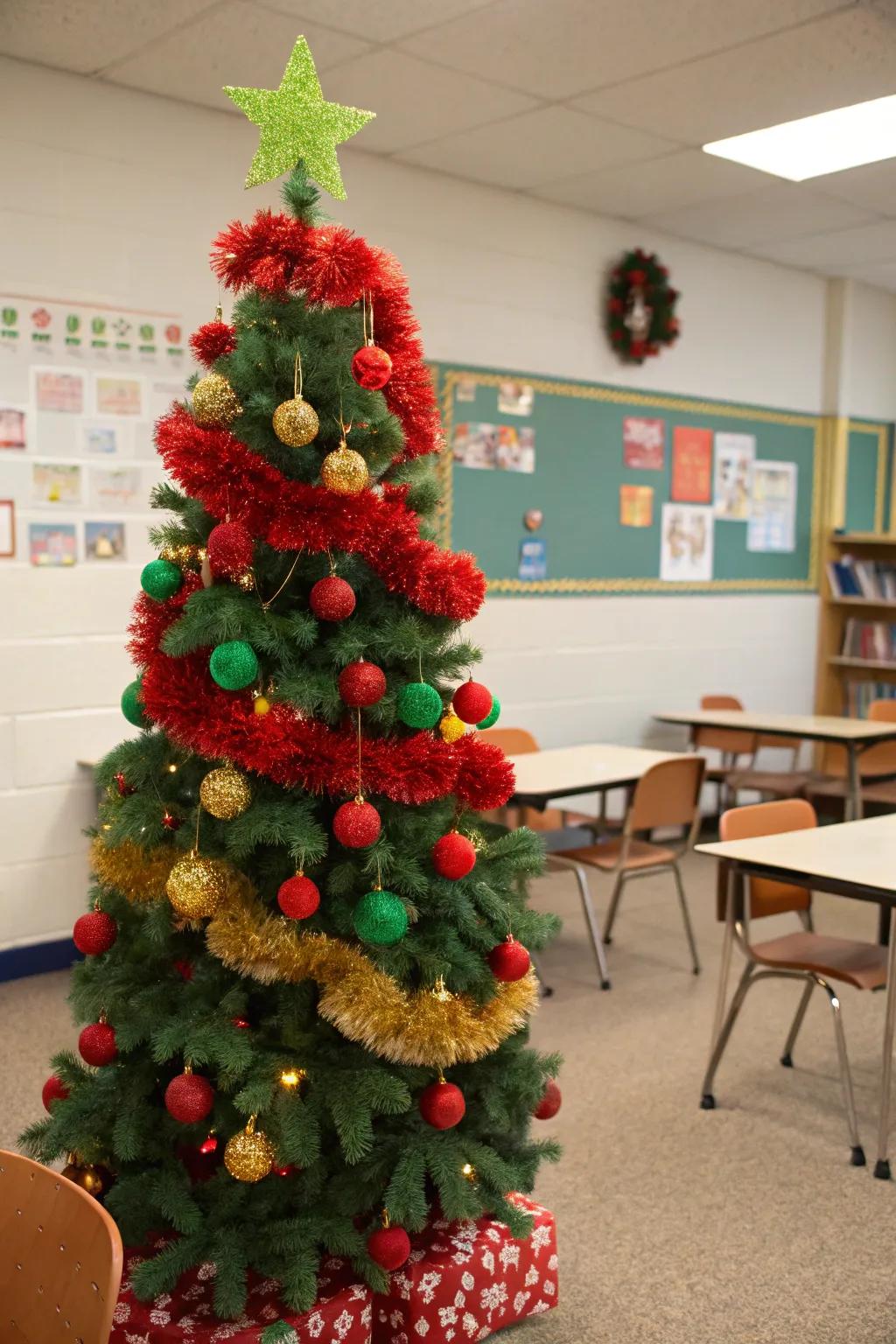 A vibrant pom-pom decorated Christmas tree