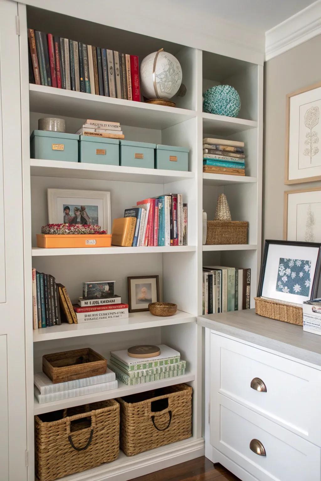 Built-in shelves offer both style and functionality in a cloffice.