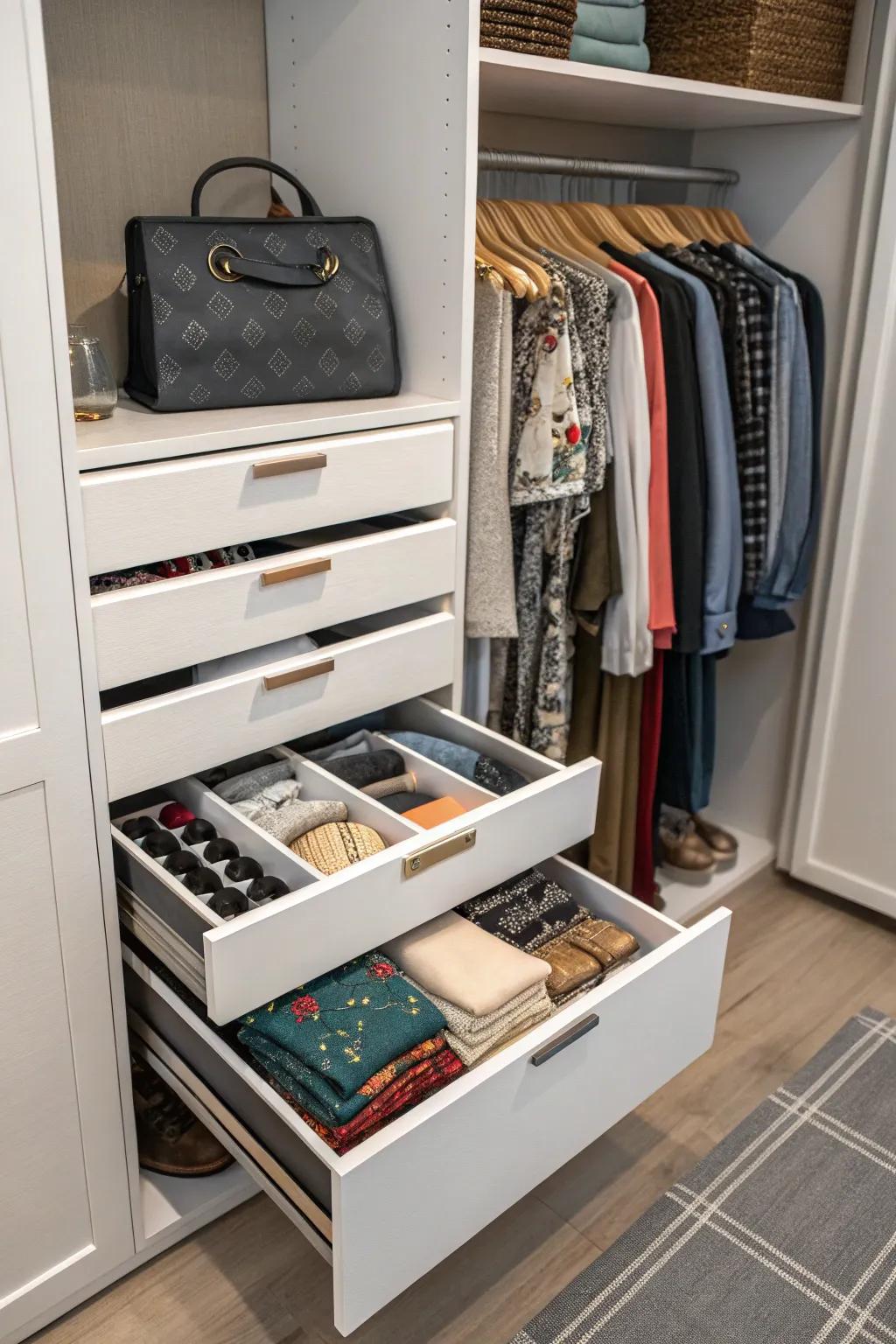 Drawer units offer discreet storage for smaller items, keeping them neatly organized.