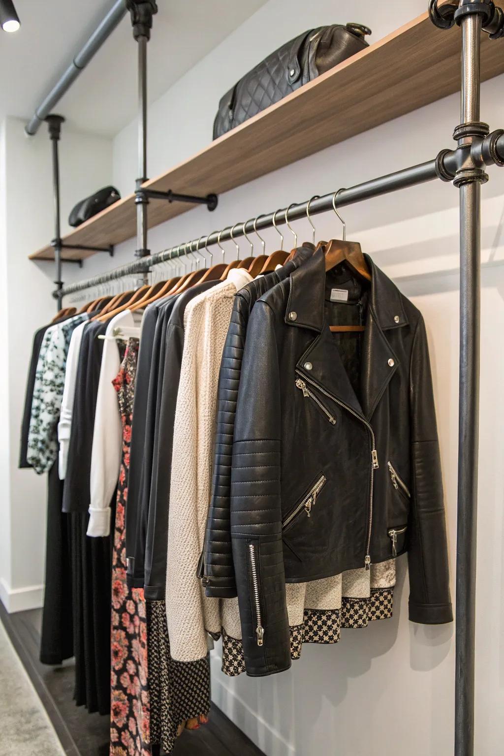 Industrial pipes add a modern flair to closet organization.