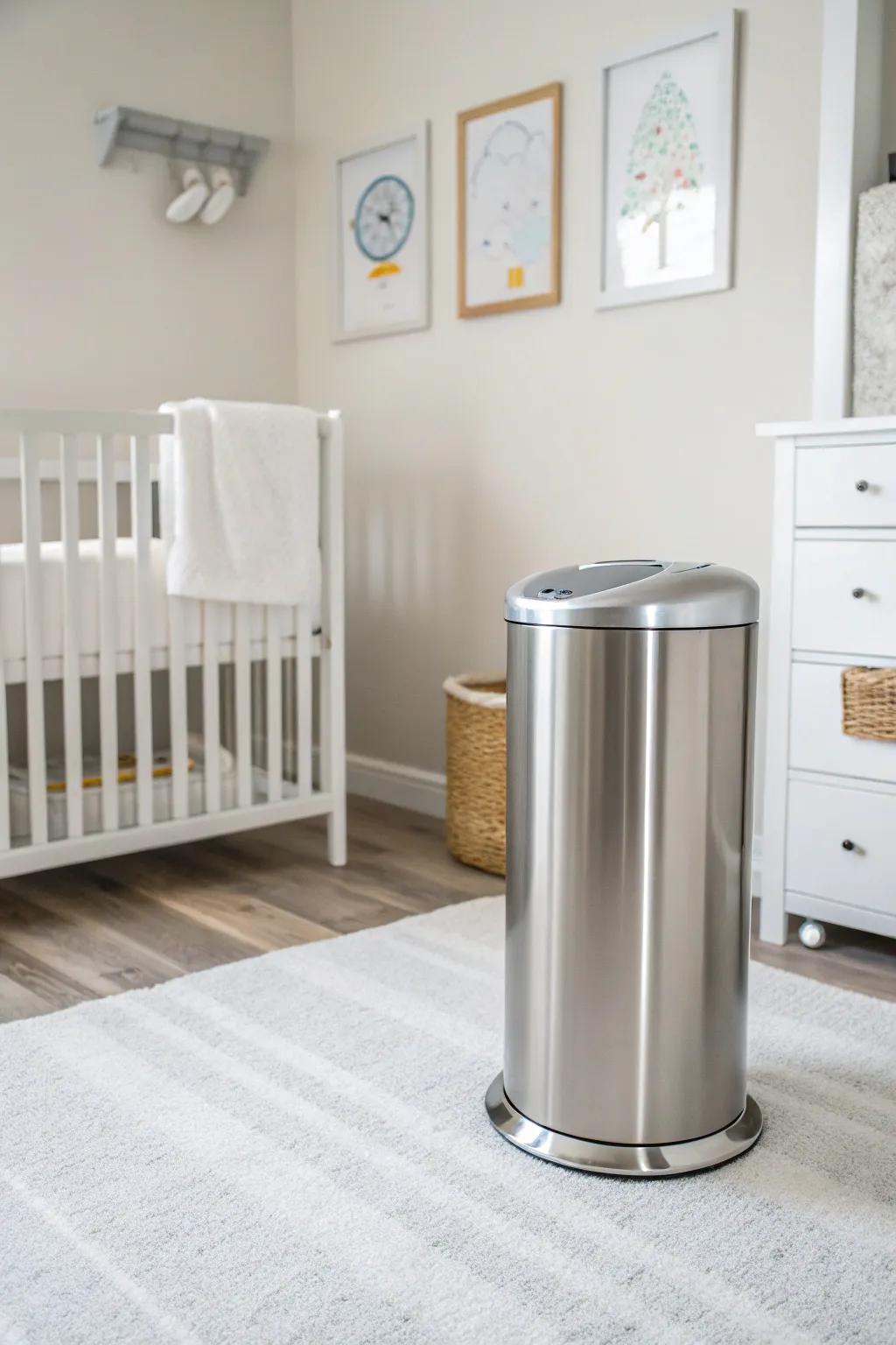 A corrosion-resistant steel bin adds a hint of modern flair to a minimalist nursery setting.
