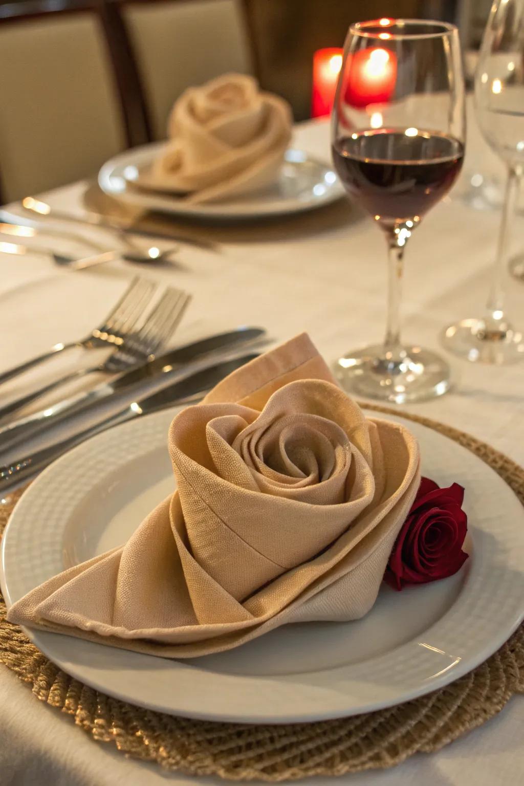 A rose napkin fold adds romance and charm to your table.