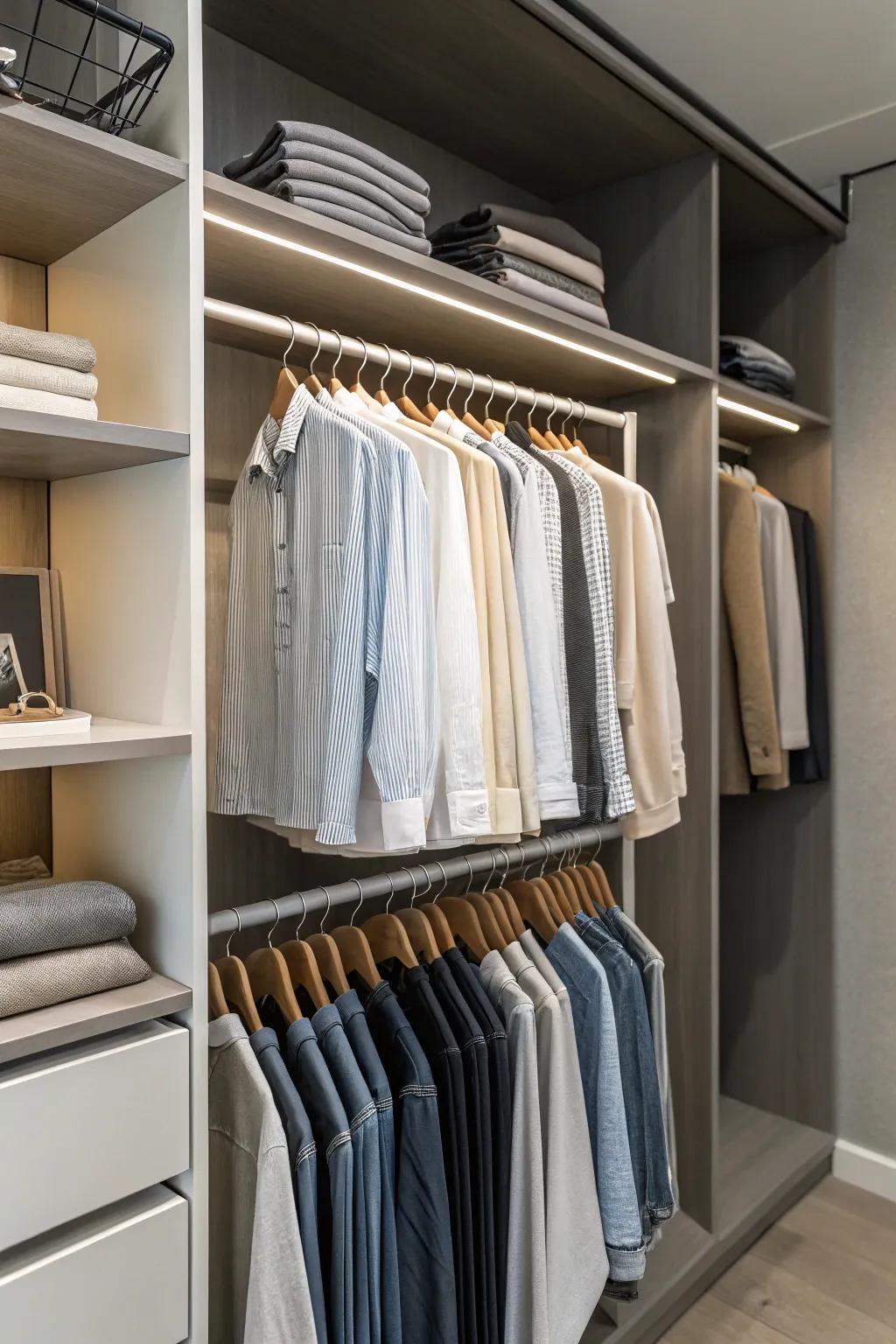 Space-saving hangers are crucial for opening up closet space.