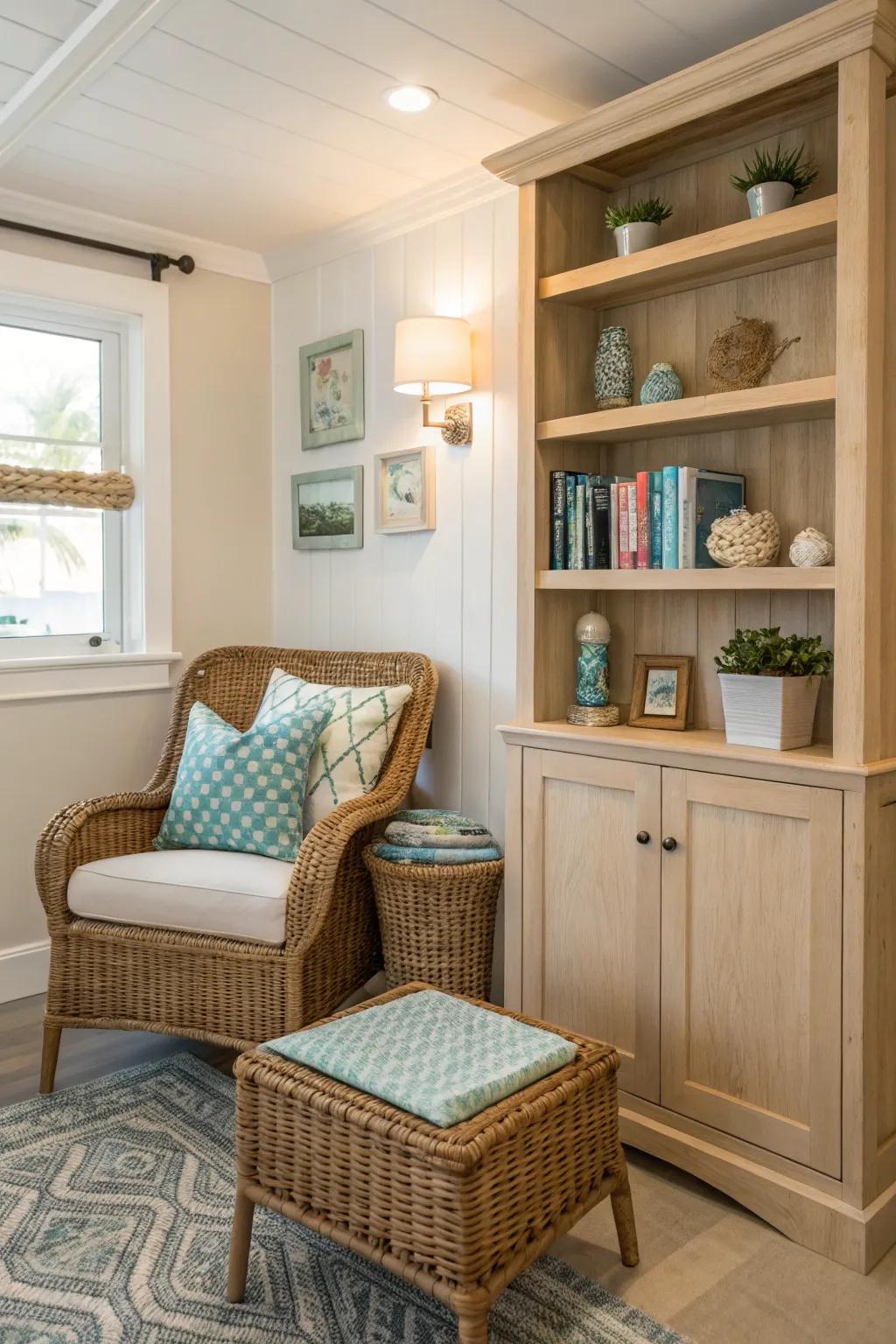 A comfortable area showcasing organic elements like wicker and timber.