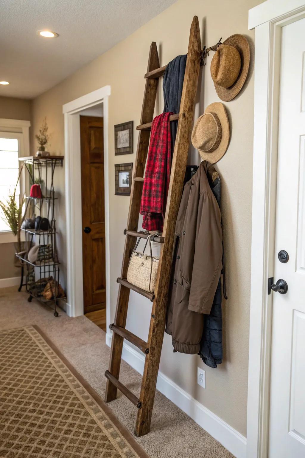 A reenvisioned wooden step structure functioning as a singular coat rack within a cozy foyer.