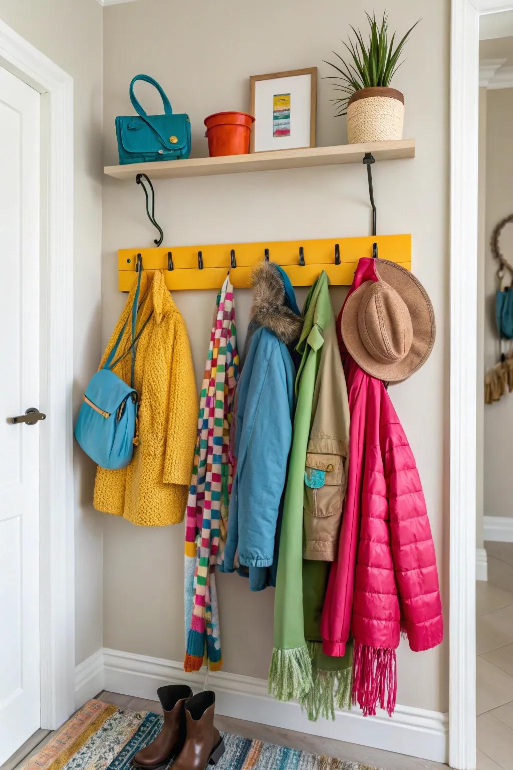 A vividly tinted coat rack that introduces a playful element to a muted entryway.