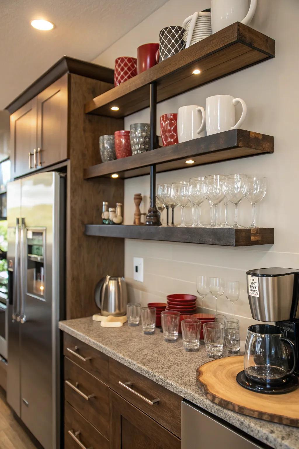 Floating shelves offer both functional storage and fashionable display.