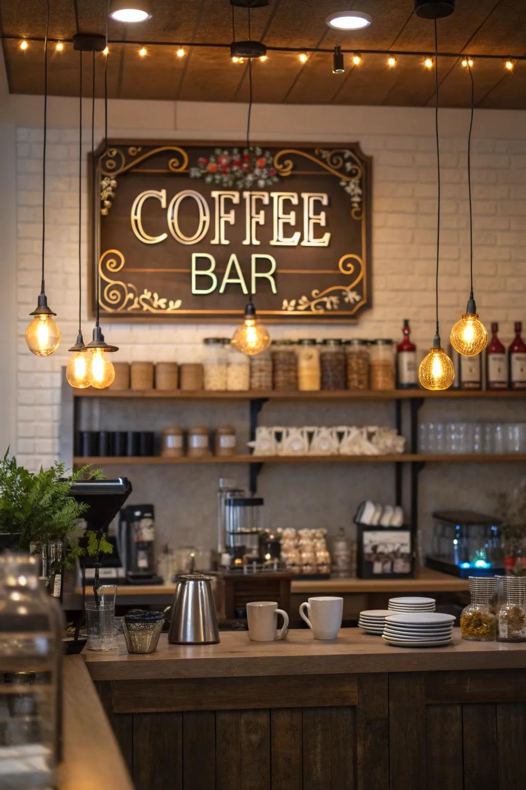 A personalized coffee sign adds character.